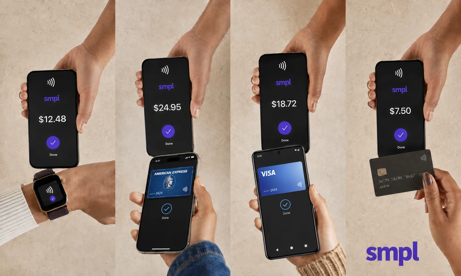 SMPL Tap to Pay shown across phones, cards, and a smartwatch
